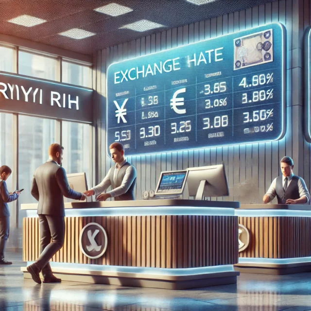 DALL·E 2025-02-20 20.14.41 - A realistic digital illustration of a currency exchange scene in Kryvyi Rih. A modern exchange office with a digital board displaying current exchange