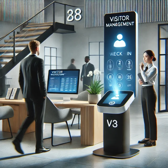 DALL·E 2025-03-17 15.34.09 - A modern office reception area with a digital visitor management system. A touchscreen kiosk is placed at the entrance where a visitor is checking in