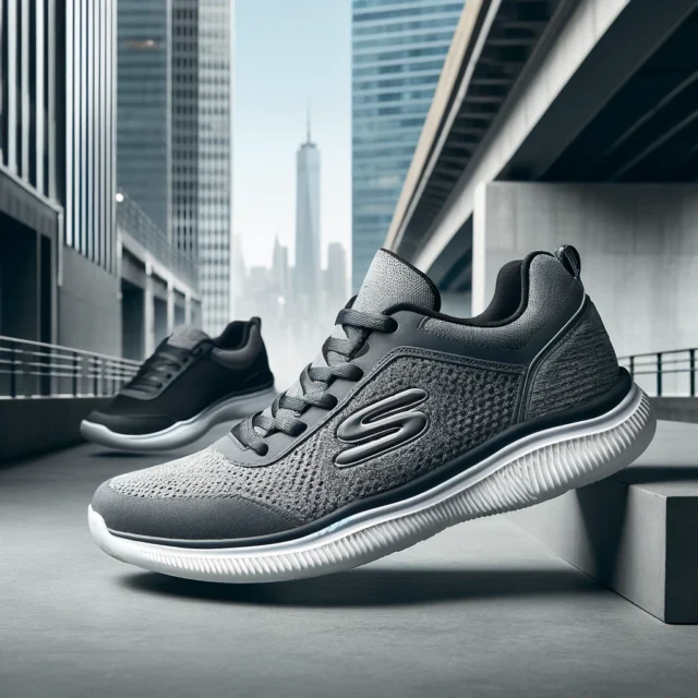 DALL·E 2025-03-20 10.53.00 - A stylish pair of Skechers sneakers placed on a modern, clean background. The sneakers are lightweight, breathable, and designed with a memory foam so