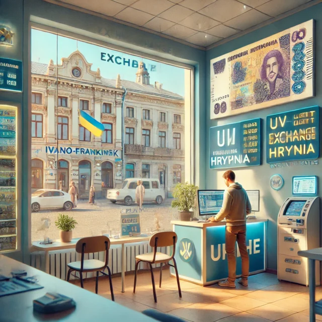 DALL·E 2025-03-25 09.23.47 - A bright and modern currency exchange office in Ivano-Frankivsk, Ukraine. Inside, customers are exchanging money at the counter. A poster on the wall